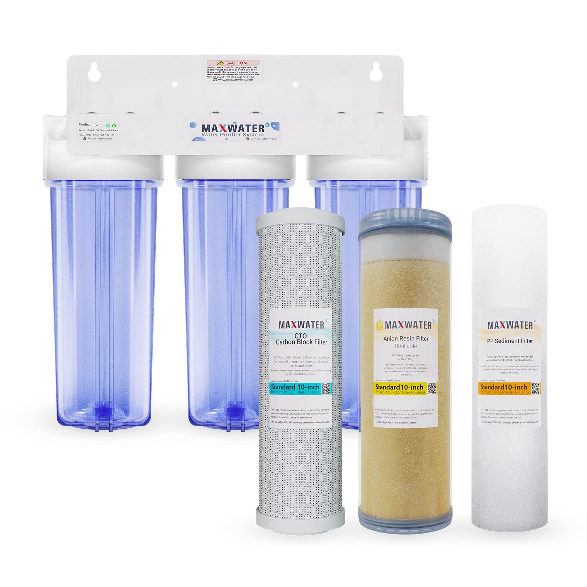 Max Water 3 Stage Nitrate Reduction (Good for Well/Underground Water) 10 inch Standard Water Filtration System for Whole House - Sediment + Anion + CTO Post Carbon - ¾" Inlet/Outlet - Model : WH-SC3