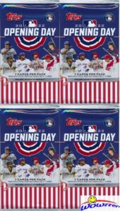 2022 topps opening day baseball collection of four (4) factory sealed hobby packs with 28 cards! every pack includes 1 insert! look for autos of mike trout, fernando tatis, shohei ohtani & many more!
