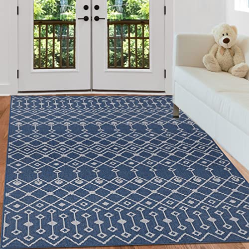 Patio Rug for Entrance Bohemian 5x8Ft Blue Area Rug Indoor Outdoor Rug Textured Weave Floor Carpet Durable Washable Rug for Patio,Home,Picnic,Camping