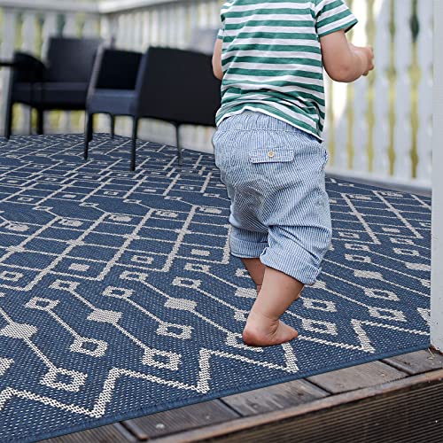 Patio Rug for Entrance Bohemian 5x8Ft Blue Area Rug Indoor Outdoor Rug Textured Weave Floor Carpet Durable Washable Rug for Patio,Home,Picnic,Camping