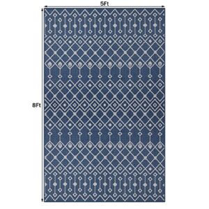 Patio Rug for Entrance Bohemian 5x8Ft Blue Area Rug Indoor Outdoor Rug Textured Weave Floor Carpet Durable Washable Rug for Patio,Home,Picnic,Camping