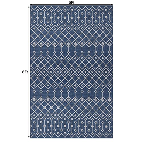 Patio Rug for Entrance Bohemian 5x8Ft Blue Area Rug Indoor Outdoor Rug Textured Weave Floor Carpet Durable Washable Rug for Patio,Home,Picnic,Camping