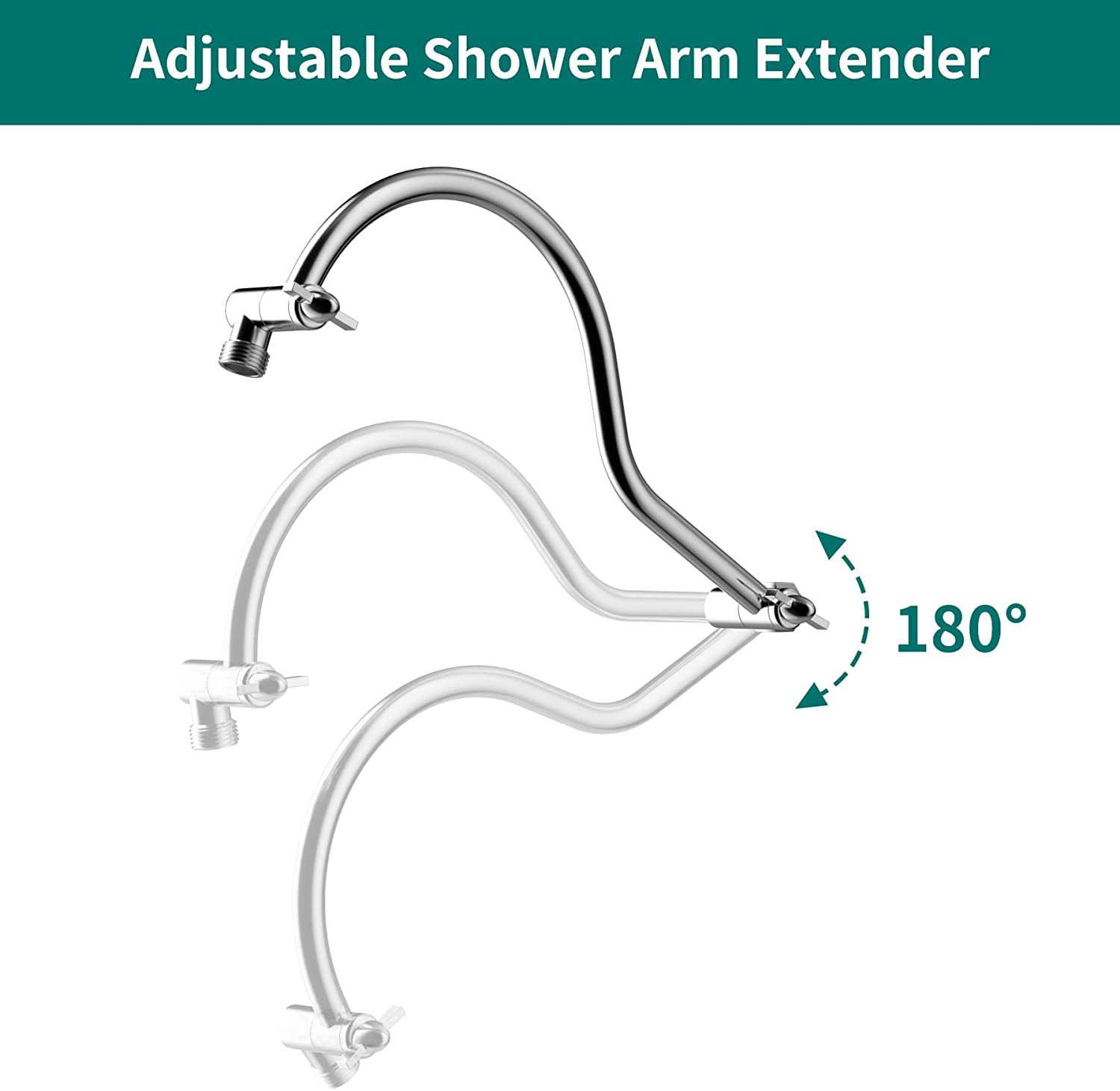 All Metal 16 Inch Solid Brass Adjustable Curved Shower Head Extension Arm Flexible Height & Angle Shower Arm Extender with Lock Joints,Universal Connection Stainless Steel Pipe Height Extending,Chrome