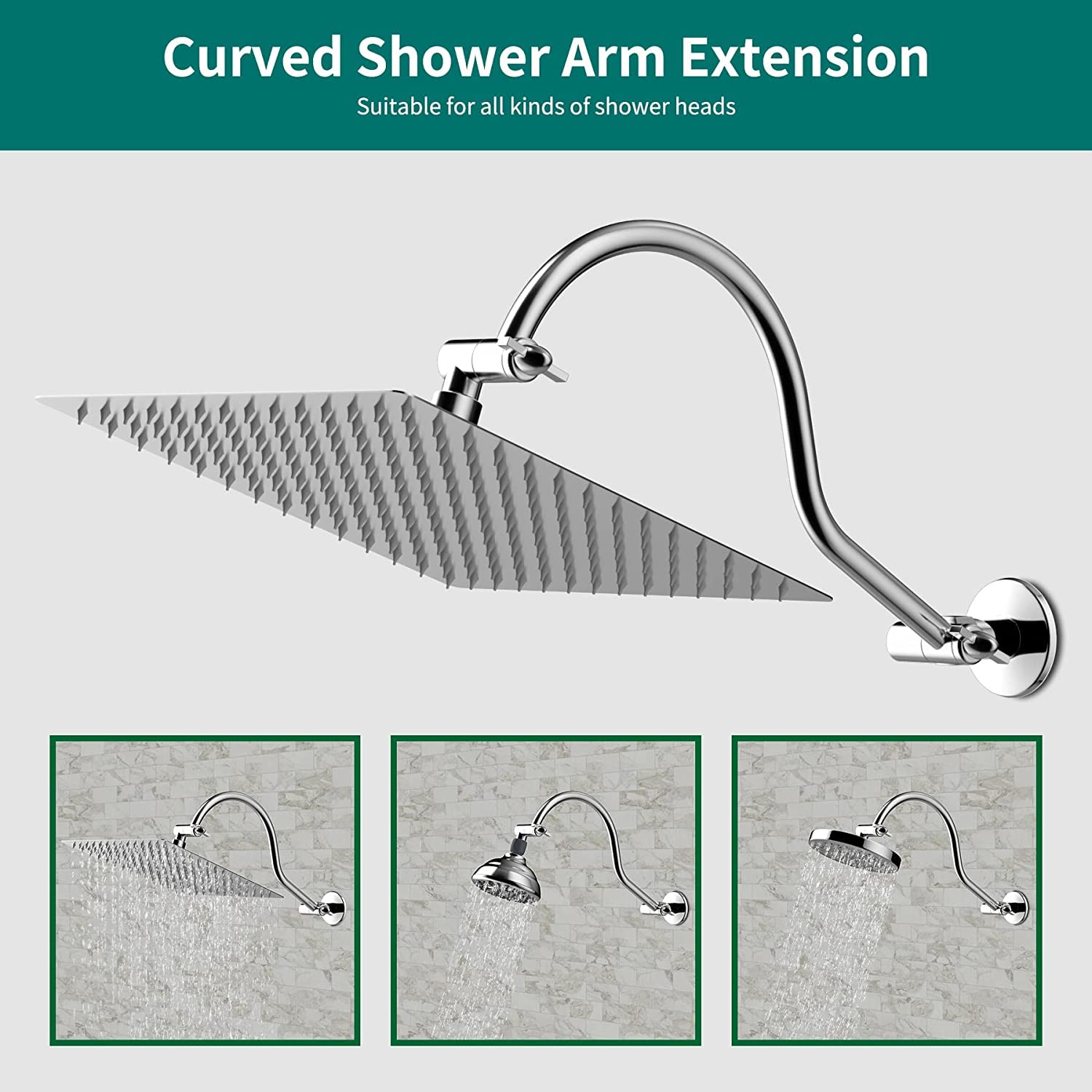 All Metal 16 Inch Solid Brass Adjustable Curved Shower Head Extension Arm Flexible Height & Angle Shower Arm Extender with Lock Joints,Universal Connection Stainless Steel Pipe Height Extending,Chrome