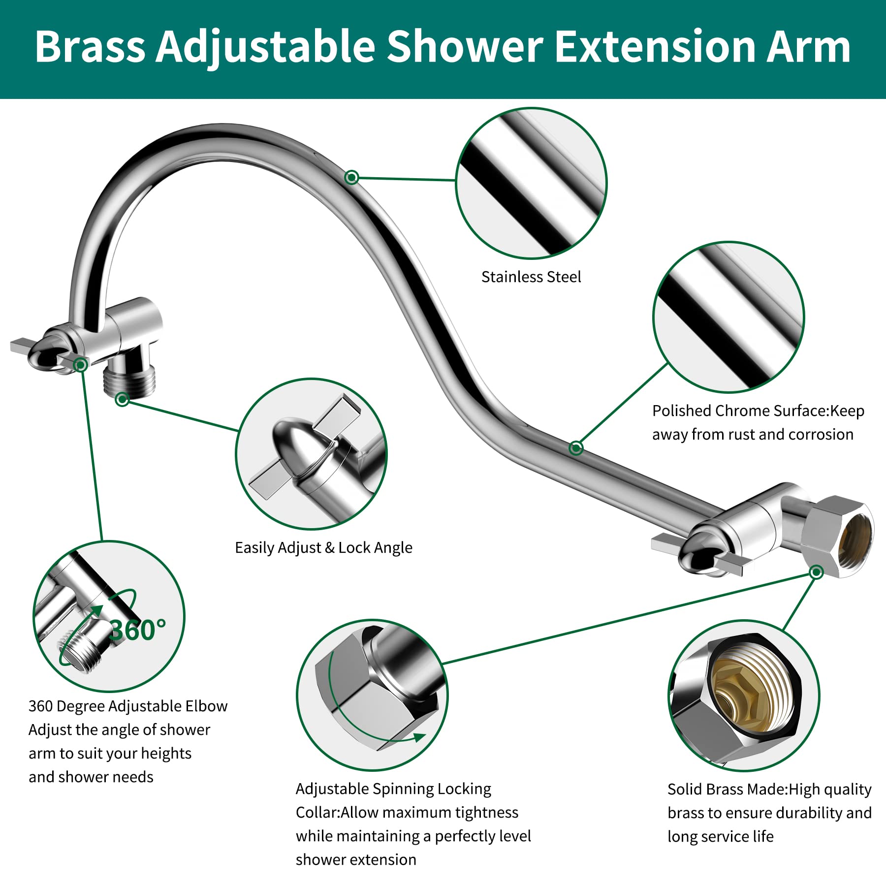 All Metal 16 Inch Solid Brass Adjustable Curved Shower Head Extension Arm Flexible Height & Angle Shower Arm Extender with Lock Joints,Universal Connection Stainless Steel Pipe Height Extending,Chrome
