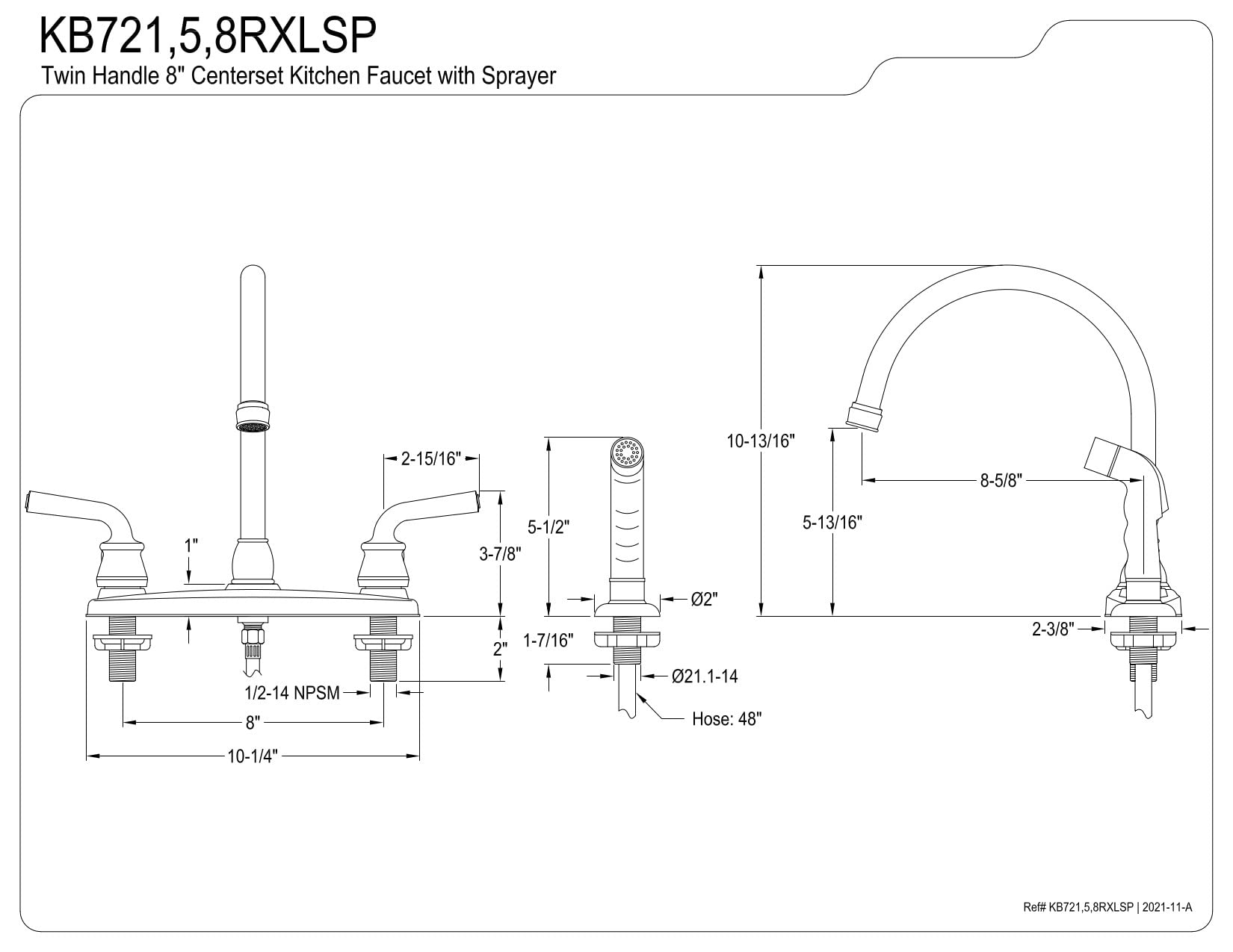 Kingston Brass KB728RXLSP Restoration 8-Inch Centerset Kitchen Faucet with Side Sprayer, Brushed Nickel