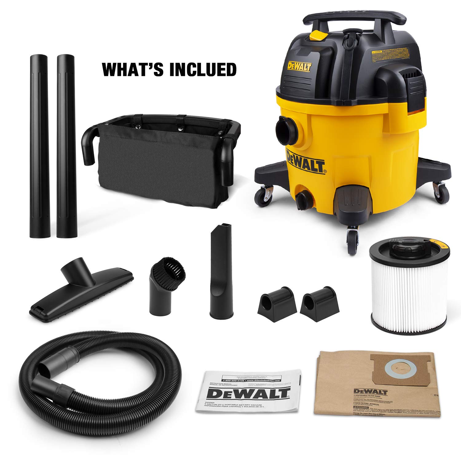 DEWALT 9 Gallon DXV09PZ New Version Poly Wet/Dry Vac, Heavy Duty Shop Vacuum for Jobsite/Workshop, Yellow