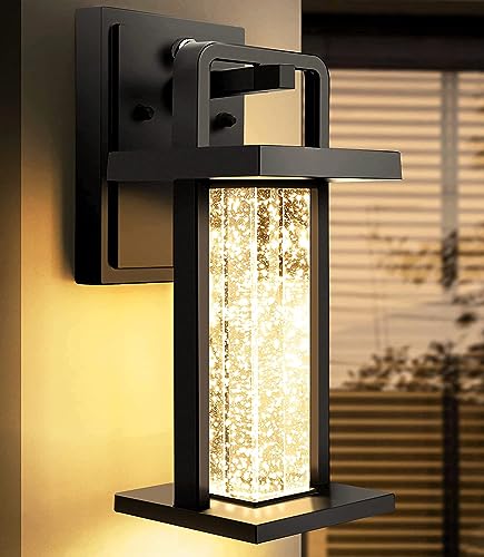 VDKK Modern Outdoor Wall Light Fixture,Dusk to Dawn Wall Mount for House with Bubble Crystal Glass,Black Front Porch Lights Waterproof 10W 480LM Integrated Sconce,3000K for House Patio