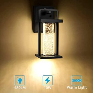 VDKK Modern Outdoor Wall Light Fixture,Dusk to Dawn Wall Mount for House with Bubble Crystal Glass,Black Front Porch Lights Waterproof 10W 480LM Integrated Sconce,3000K for House Patio