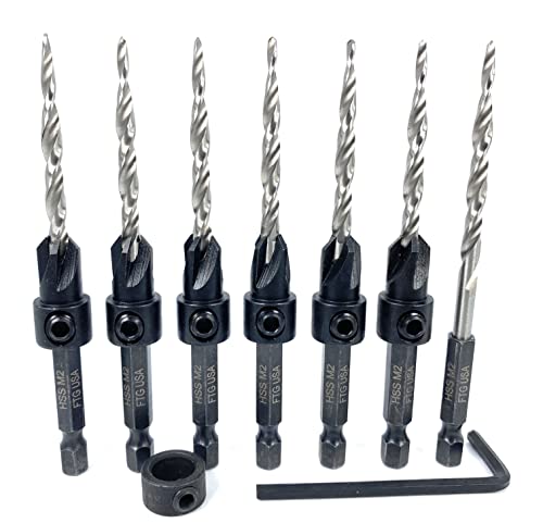 FTG USA Countersink Drill Bit Set 6 Pc #8 (11/64") with 13 Pc Replacement Countersink Drill Bit #8 (11/64") Pro Pack Countersink Set, Tapered Countersink Bit, 1 Stop Collar, 2 Hex Wrench