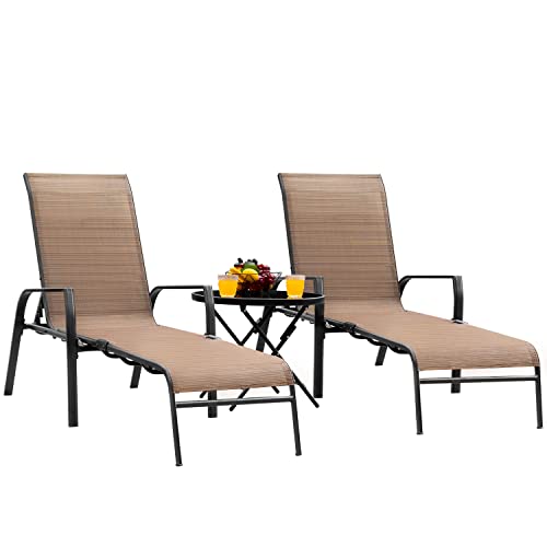 GUNJI Lounge Chairs for Outside 3 Pieces Patio Chaise Lounge Outdoor Adjustable Textilene and Folding Pool Lounge Chairs Set of 2 with a Large Tempered Glass Table (Brown)