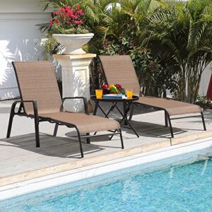 GUNJI Lounge Chairs for Outside 3 Pieces Patio Chaise Lounge Outdoor Adjustable Textilene and Folding Pool Lounge Chairs Set of 2 with a Large Tempered Glass Table (Brown)