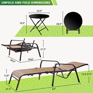 GUNJI Lounge Chairs for Outside 3 Pieces Patio Chaise Lounge Outdoor Adjustable Textilene and Folding Pool Lounge Chairs Set of 2 with a Large Tempered Glass Table (Brown)