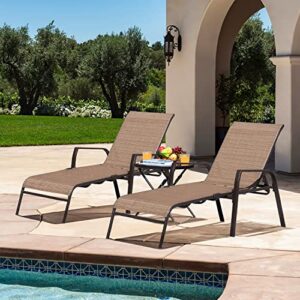 GUNJI Lounge Chairs for Outside 3 Pieces Patio Chaise Lounge Outdoor Adjustable Textilene and Folding Pool Lounge Chairs Set of 2 with a Large Tempered Glass Table (Brown)