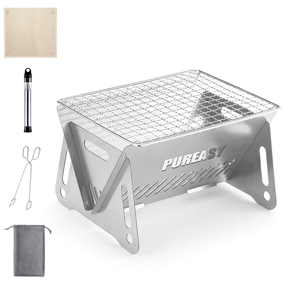 Pureasy Portable Camping grill,portable fire pit for camping,Outdoor campfire grill cooking for picnics fire pit,Stainless steel Assemblable Removable stove with grill mesh