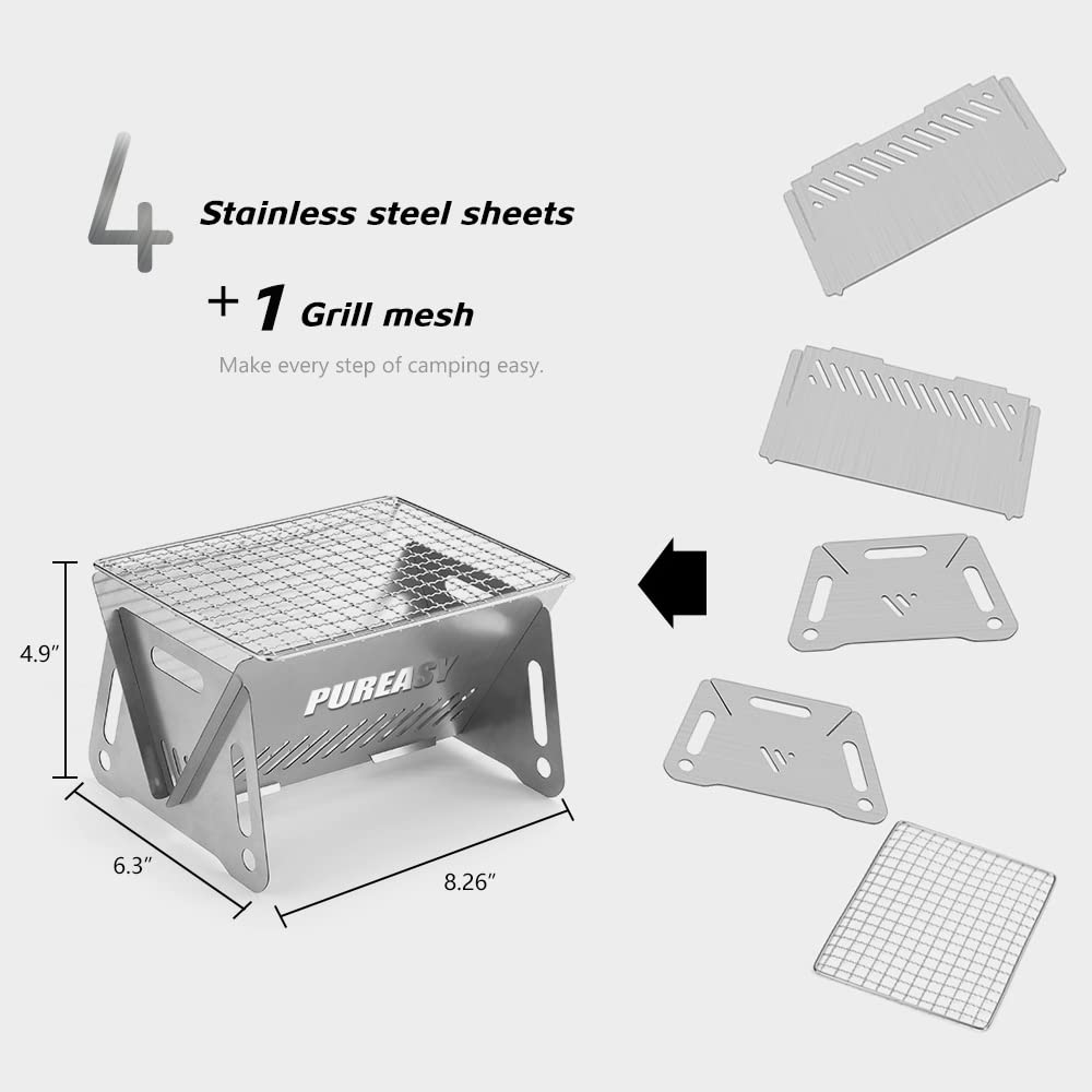 Pureasy Portable Camping grill,portable fire pit for camping,Outdoor campfire grill cooking for picnics fire pit,Stainless steel Assemblable Removable stove with grill mesh