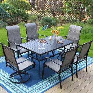 PHI VILLA 7 PCS Patio Dining Set, Outdoor Table Chair Set with Large Metal Table, 6 High Back Patio Chairs Include 4 Fixed and 2 Swivel Chair, Patio Furniture Dining Set for Patio Lawn Garden