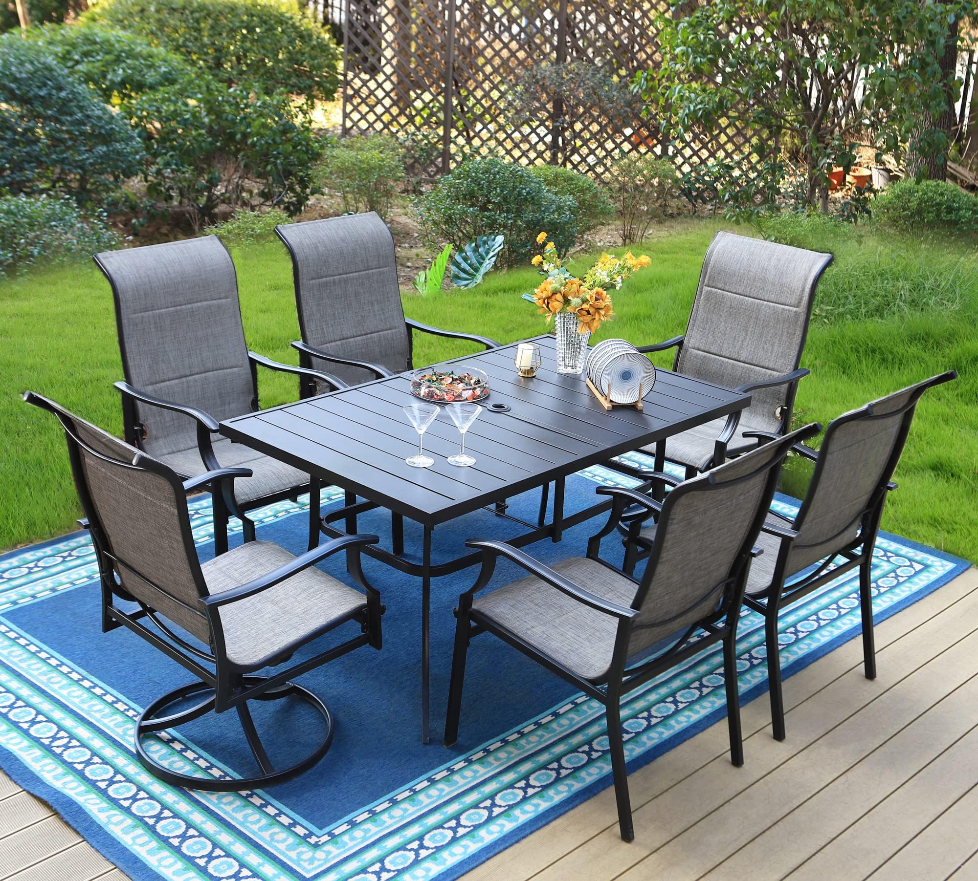 PHI VILLA 7 PCS Patio Dining Set, Outdoor Table Chair Set with Large Metal Table, 6 High Back Patio Chairs Include 4 Fixed and 2 Swivel Chair, Patio Furniture Dining Set for Patio Lawn Garden