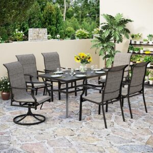 PHI VILLA 7 PCS Patio Dining Set, Outdoor Table Chair Set with Large Metal Table, 6 High Back Patio Chairs Include 4 Fixed and 2 Swivel Chair, Patio Furniture Dining Set for Patio Lawn Garden