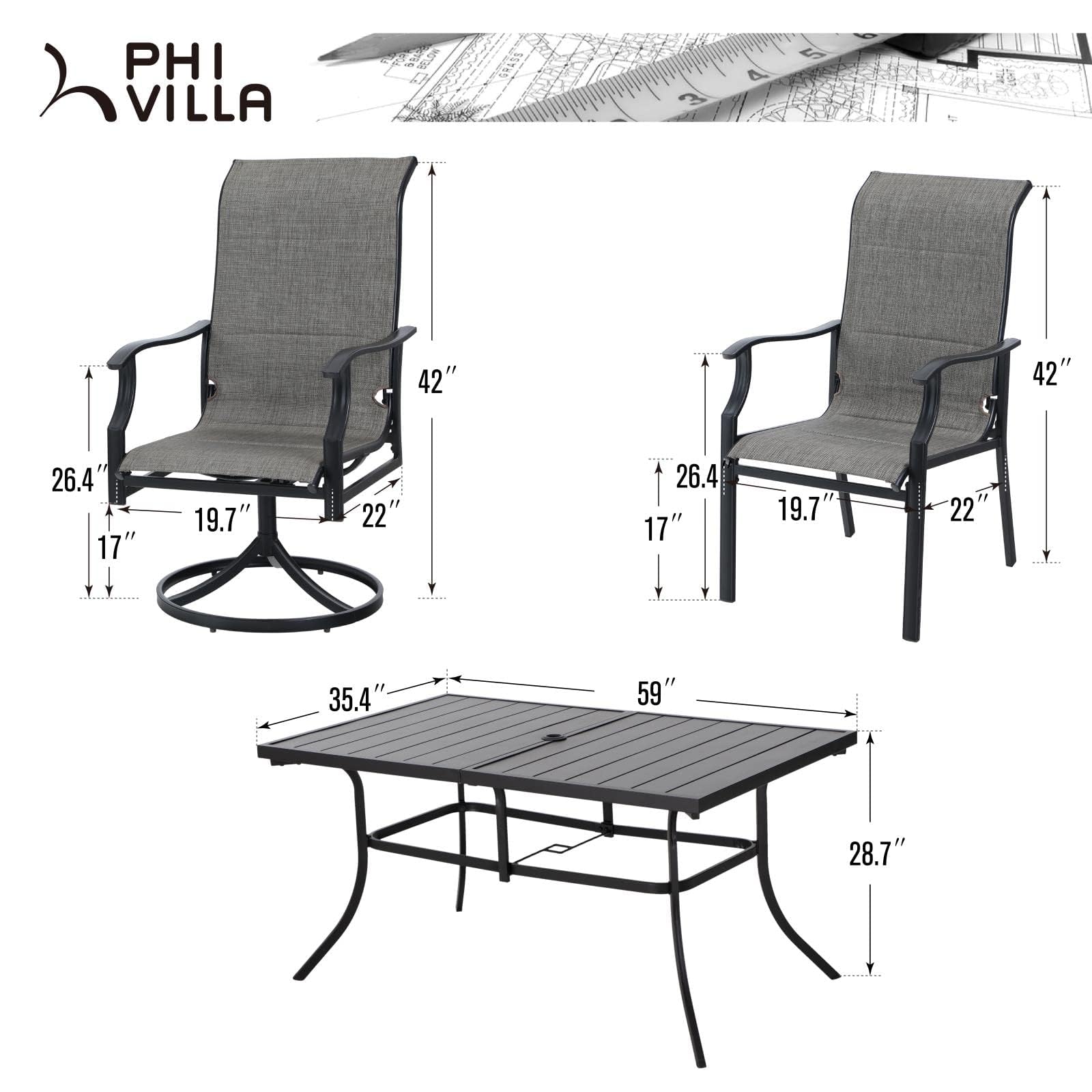 PHI VILLA 7 PCS Patio Dining Set, Outdoor Table Chair Set with Large Metal Table, 6 High Back Patio Chairs Include 4 Fixed and 2 Swivel Chair, Patio Furniture Dining Set for Patio Lawn Garden