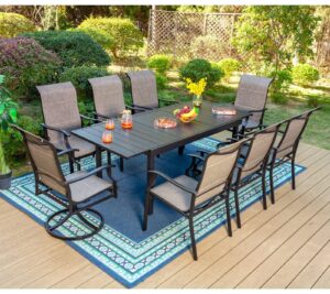phi villa 9 piece patio dining set, outdoor table and chairs set for 8 with 1 extendable large patio table, 2 high back swivel patio chairs and 6 padded dining chairs
