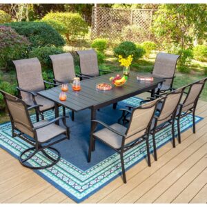 PHI VILLA 9 Piece Patio Dining Set, Outdoor Table and Chairs Set for 8 with 1 Extendable Large Patio Table, 2 High Back Swivel Patio Chairs and 6 Padded Dining Chairs