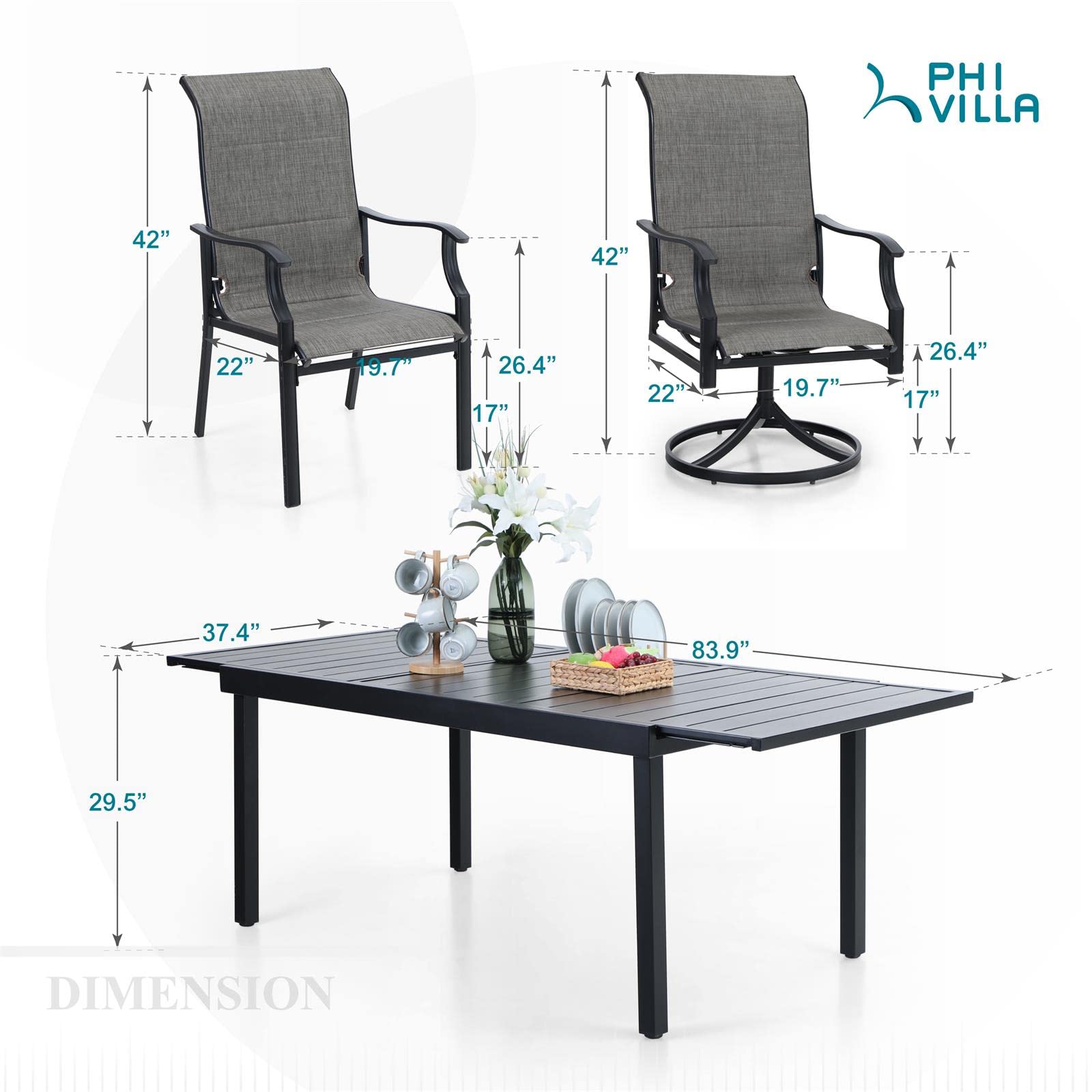 PHI VILLA 9 Piece Patio Dining Set, Outdoor Table and Chairs Set for 8 with 1 Extendable Large Patio Table, 2 High Back Swivel Patio Chairs and 6 Padded Dining Chairs