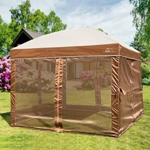 camp master canopy tent with mosquito netting, outdoor 10x10 pop-up dome canopy,patio tents for parties,quick easy setup canopies with waterproof roof, roller bag, 4 sandbags (10 ft, brown)
