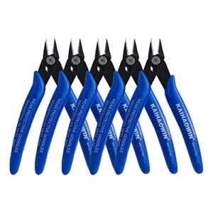 kaihaowin micro wire cutters with spring, 5 pack, 5 inch precision mini flush cutters bulk, nippers, flush cutting pliers, wire snips, small side cutters for electronics crafts jewelry-blue