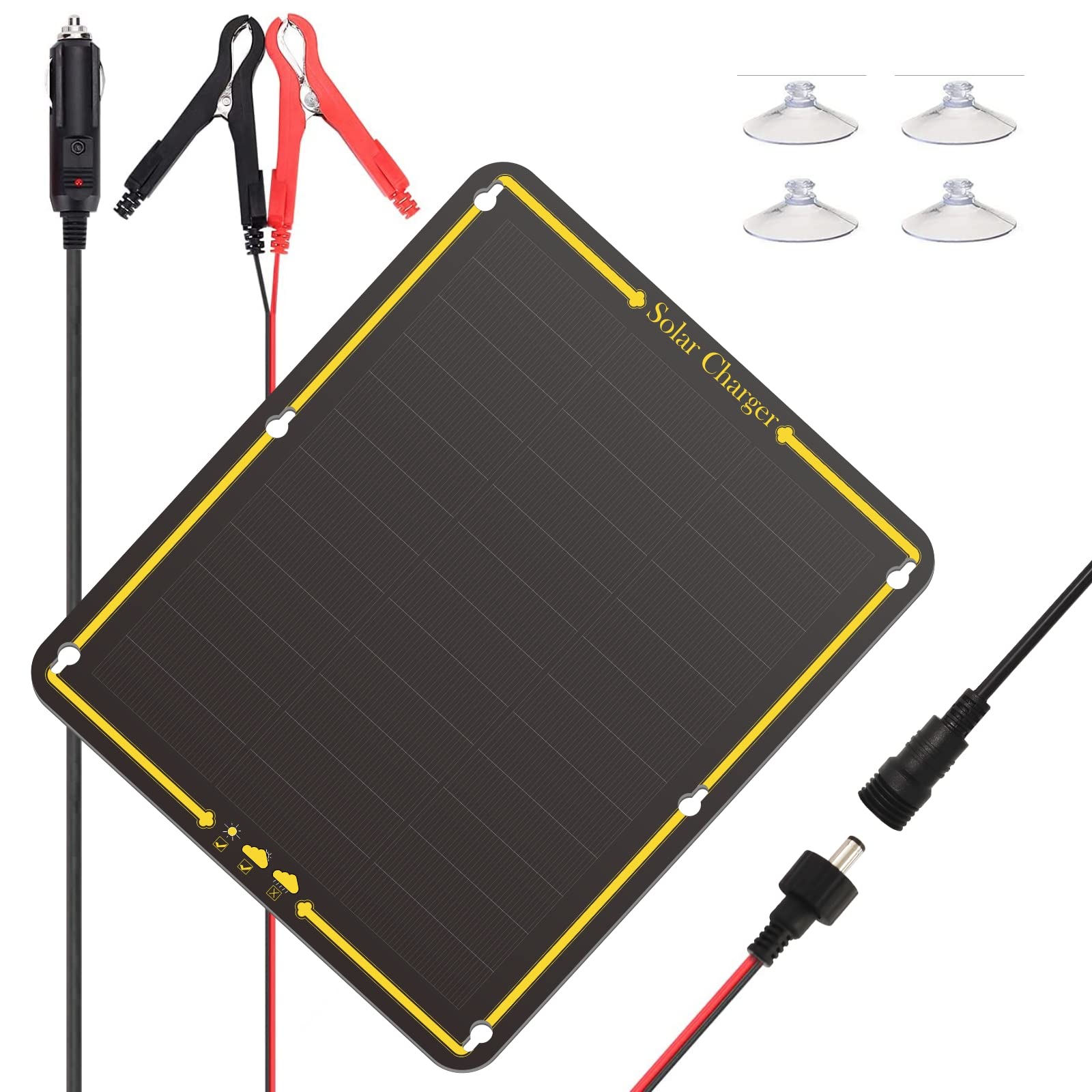 12V 15W Solar Car Battery Maintainer Trickle Charger, Portable Solar Panel Charging Kit for RV, Car, Boats, Truck, Camper, Motorcycle, Cigarette Lighter Plug, Alligator Clip, IP65 Waterproof