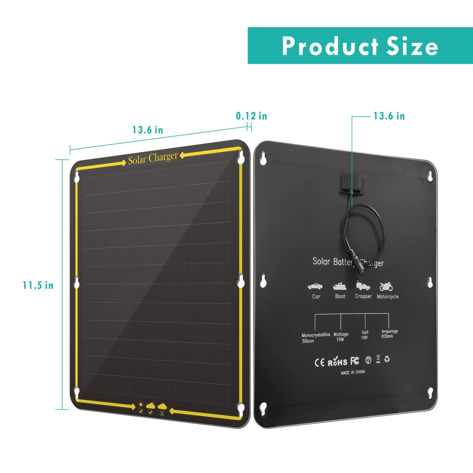 12V 15W Solar Car Battery Maintainer Trickle Charger, Portable Solar Panel Charging Kit for RV, Car, Boats, Truck, Camper, Motorcycle, Cigarette Lighter Plug, Alligator Clip, IP65 Waterproof