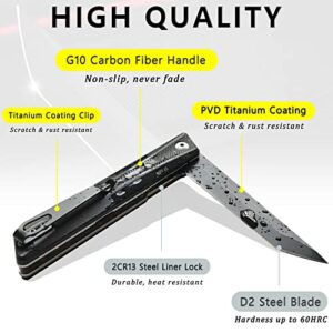 Lsqurel Pocket Knife, G-10 Carbon Fiber Handle + D2 Steel PVD Titanium Coating Blade for Men EDC Folding Knife Spring Assisted Knife 8.5 INCH