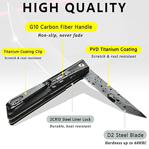 Lsqurel Pocket Knife, G-10 Carbon Fiber Handle + D2 Steel PVD Titanium Coating Blade for Men EDC Folding Knife Spring Assisted Knife 8.5 INCH