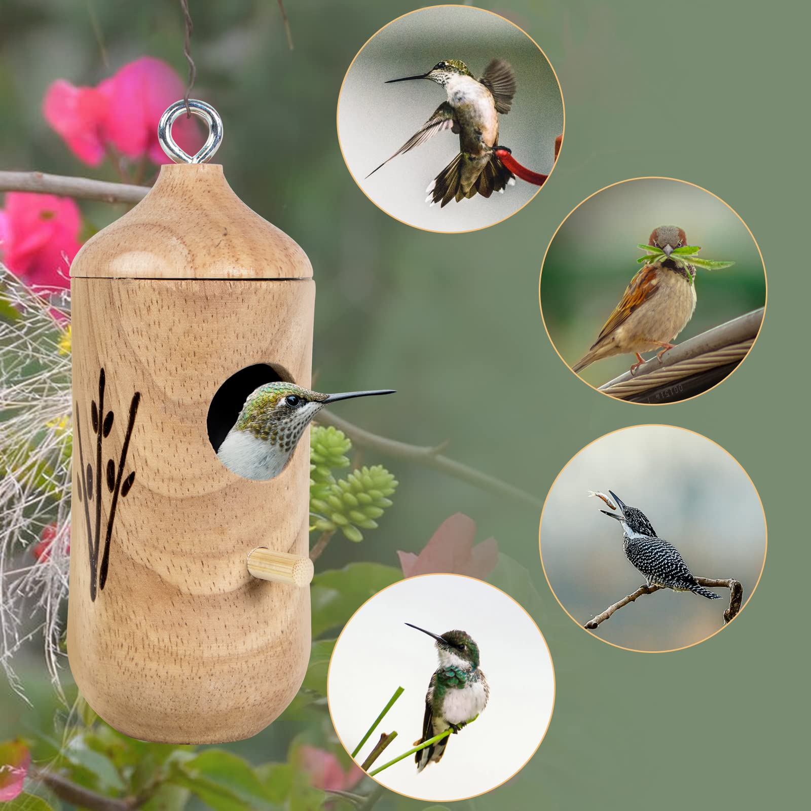 Hummingbird House for Outside Hanging,Wooden Humming Bird Nest 3 Pcs with Hemp Ropes (MI3723)