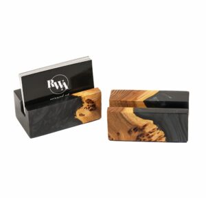 rwa resinwood.art – unique resin business card holder desk, wood cards stand for office, luxury desktop wooden bussiness card display, home decor tabletop accessories (black)