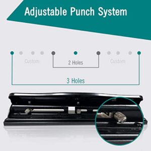 3 Hole Punch, Adjustable, 3 Hole Puncher for Binder, 10 Sheet Capacity Hole Puncher Black Metal Hole Puncher 3 Ring, Rubber Base Three Hole Punch and Easy Clean Tray