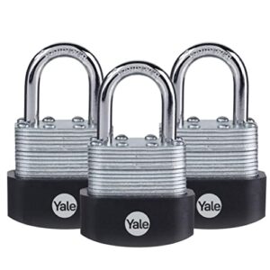 yale 1-7/8" wide laminated padlock with 1-1/8" shackle and 3 keyed alike keys for outdoor gate, fence, storage (3 pack)