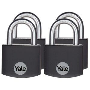 yale small covered aluminum padlock with 4 keyed alike keys for gym locker, luggage, and cases (4 pack)
