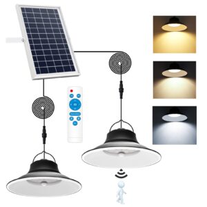 niorsun solar pendant light, upgraded motion sensor light outdoor solar lights indoor dimmable with remote 3000k/4500k/6000k, 2x16.4ft cable ip65 waterproof for shed, barn, gazebo, patio(2 pack)