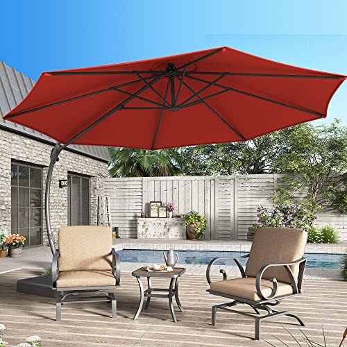 LAUSAINT HOME 12FT Deluxe Patio Umbrella with Base Included, Outdoor Large Hanging Cantilever Curvy Umbrella with 360° Rotation for Pool, Garden, Deck, Lawn (Red, 12FT)