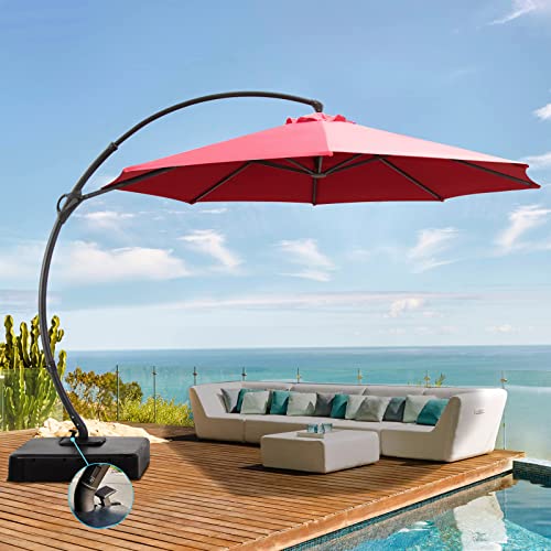 LAUSAINT HOME 12FT Deluxe Patio Umbrella with Base Included, Outdoor Large Hanging Cantilever Curvy Umbrella with 360° Rotation for Pool, Garden, Deck, Lawn (Red, 12FT)