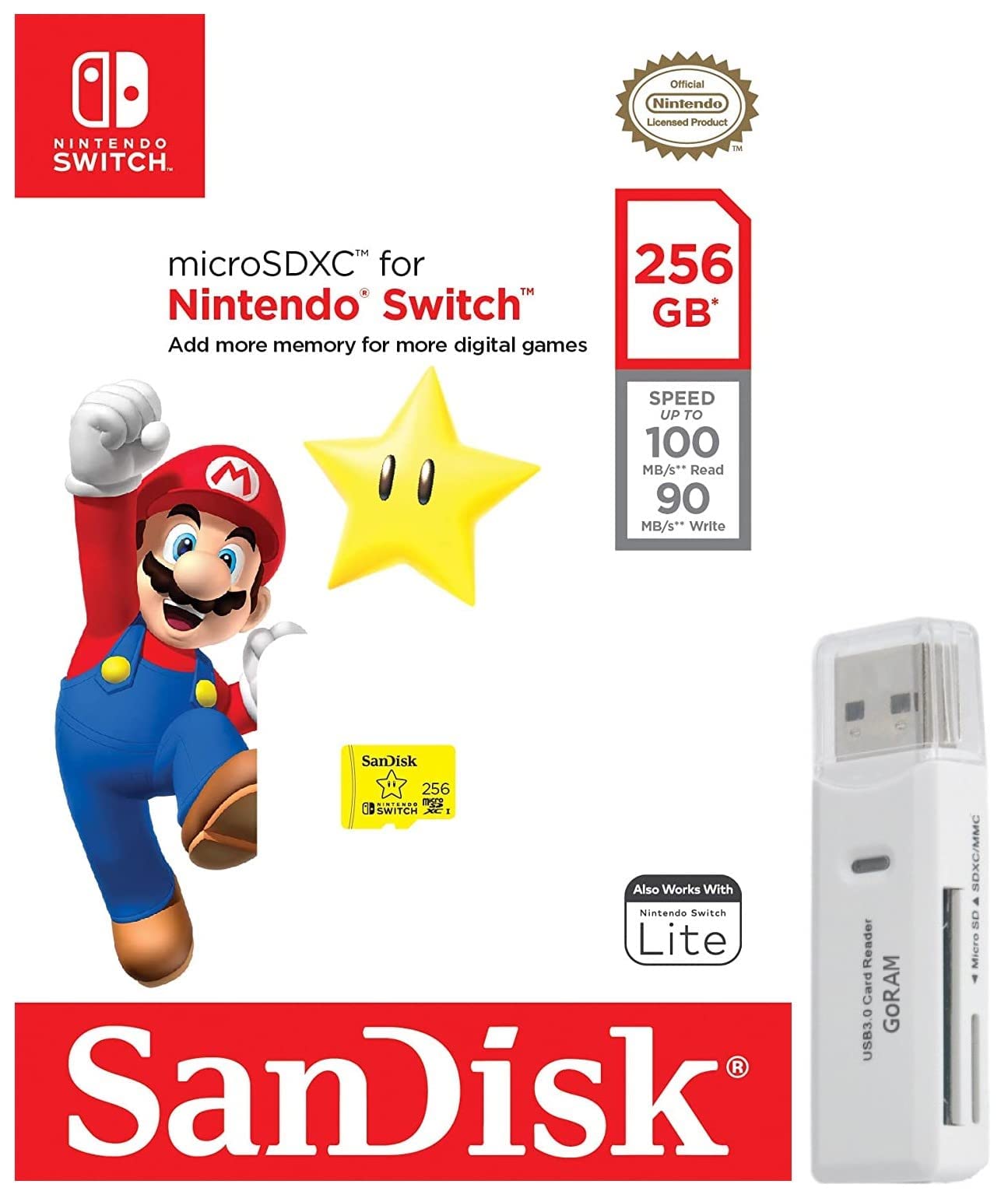 SanDisk 256GB MicroSD Nintendo Switch Micro SDXC Memory Card for Switch & Switch Lite SDSQXAO-256G Super Mario Star Design Bundle with (1) GoRAM Card Reader (256GB, 1 Pack)
