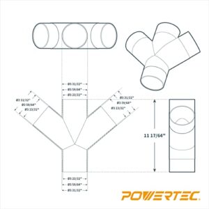 POWERTEC 70275V 3-Way Dust Collection Fitting for 4 in Hose & Cuff, 1 PK,Black