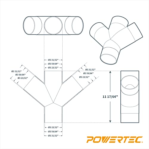 POWERTEC 70275V 3-Way Dust Collection Fitting for 4 in Hose & Cuff, 1 PK,Black