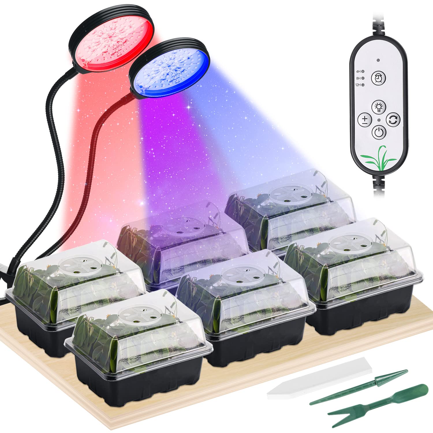 6-Set Seed Starter Kit with Grow Light - 12 Cells Seed Starter Trays with Humidity Dome and Seed Tray for Indoor Gardening Plant Seedling Germination Growing Propagation Kit