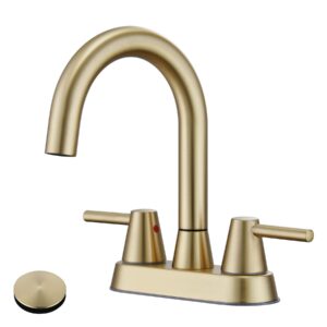 tonny gold bathroom faucet, 4-inch centerset bathroom faucet, 2 handle bathroom sink faucet with water supply lines and pop up drain bathroom faucets brushed gold