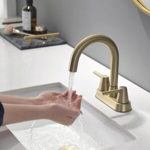 TONNY Gold Bathroom Faucet, 4-Inch Centerset Bathroom Faucet, 2 Handle Bathroom Sink Faucet with Water Supply Lines and Pop Up Drain Bathroom Faucets Brushed Gold