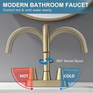 TONNY Gold Bathroom Faucet, 4-Inch Centerset Bathroom Faucet, 2 Handle Bathroom Sink Faucet with Water Supply Lines and Pop Up Drain Bathroom Faucets Brushed Gold
