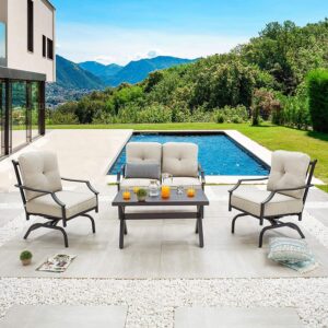 kamont 4 pcs patio furniture conversation set outdoor furniture set metal chairs w/all weather cushioned love seat,poolside lawn chair,coffee table (beige)