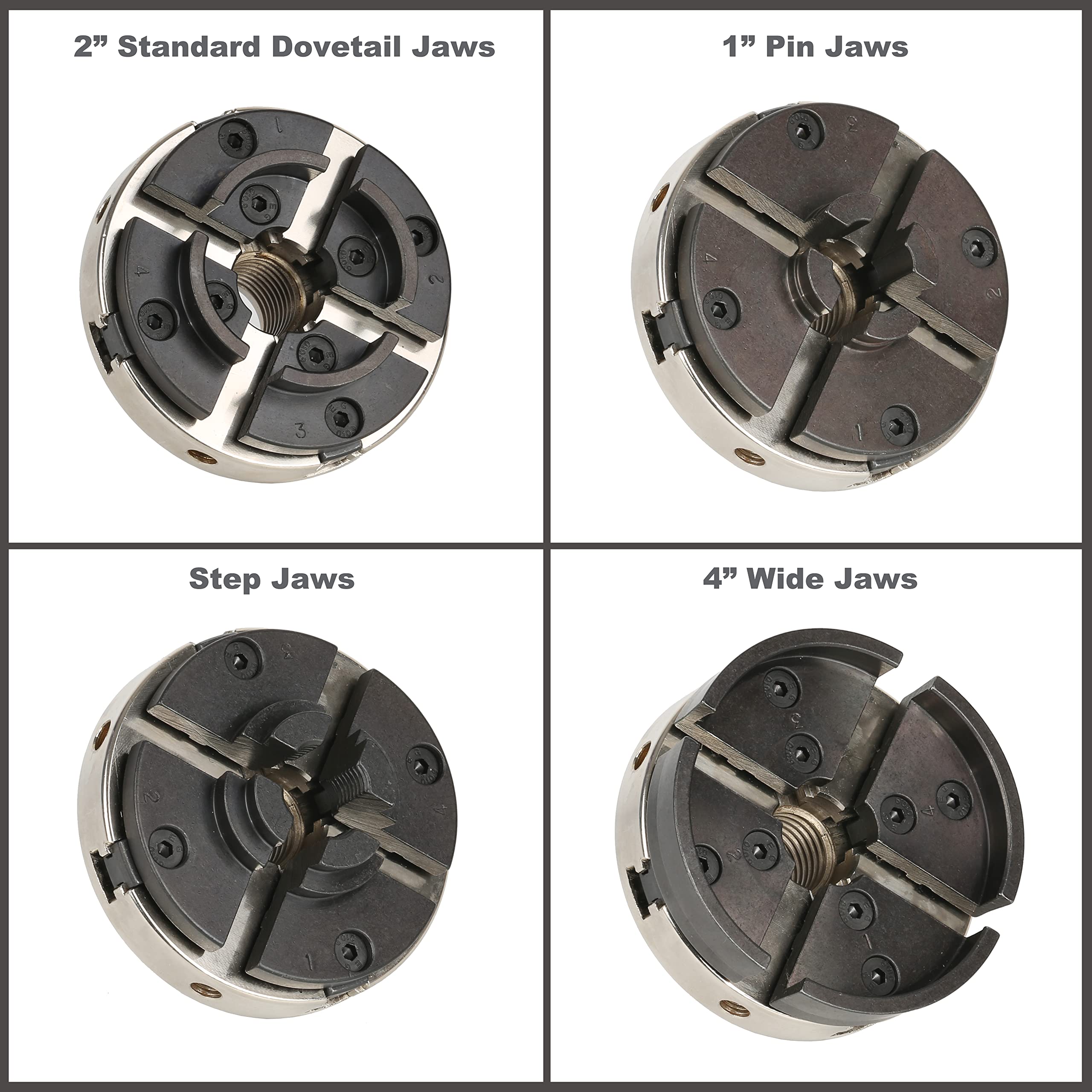 VINWOX SCR4-4NV-SET 4” Wood Lathe Scroll Chuck Set, 4-Jaw Self-Centering Chuck Set, with Nickle electric Coating Chuck Body & 1"x8TPI thread & 3/4"x16TPI Adapter